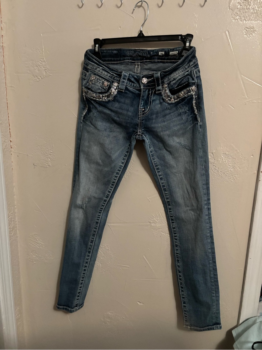 Miss Me Mid Wash Blue Signature Skinny Jeans with Embellished Pockets